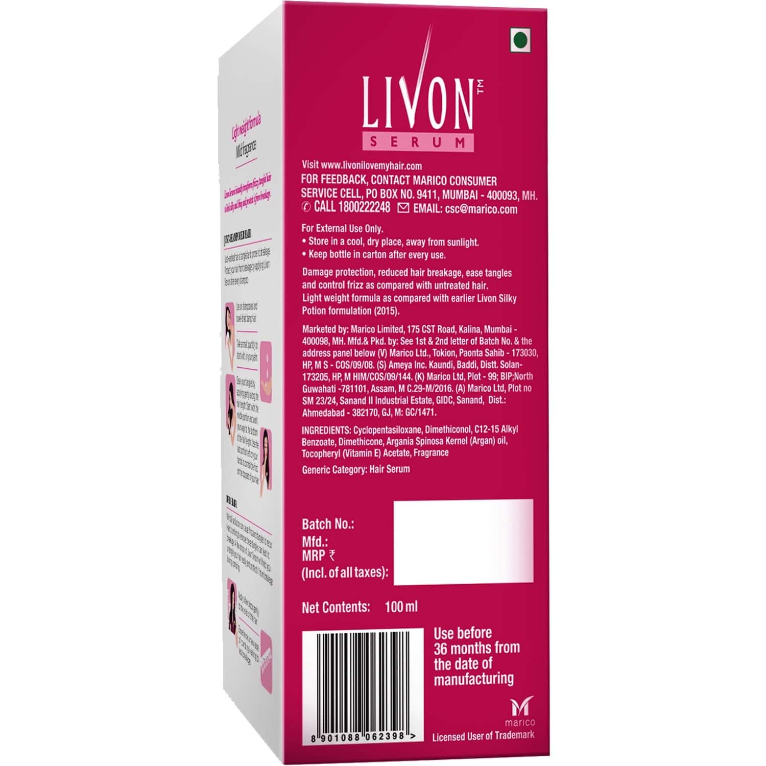 Livon Serum For Frizz-free, Smooth Hair, With Argan Oil & Vitamin E, 100 Ml  - Medanand