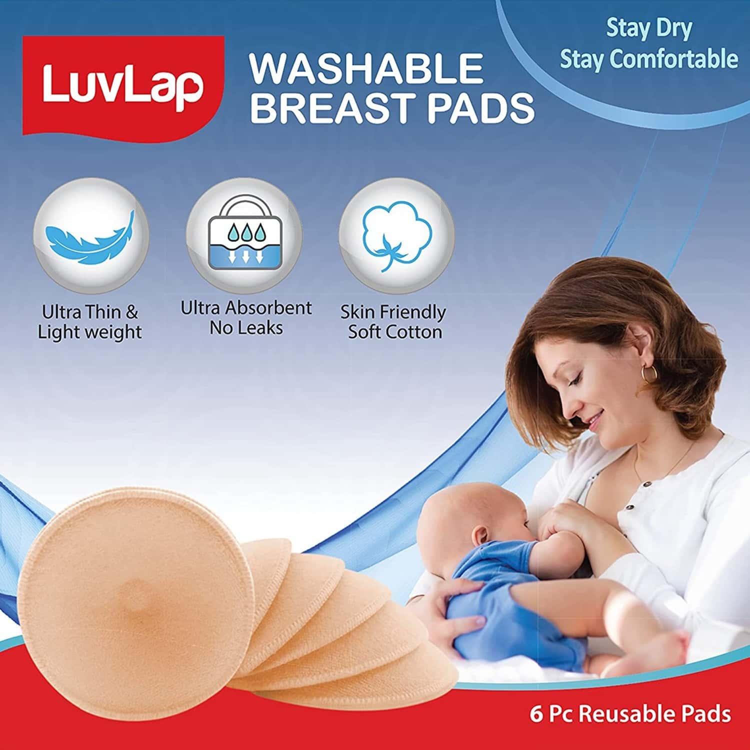 Luvlap Washable Maternity Nursing Breast Pads, 6 Pcs, Reusable